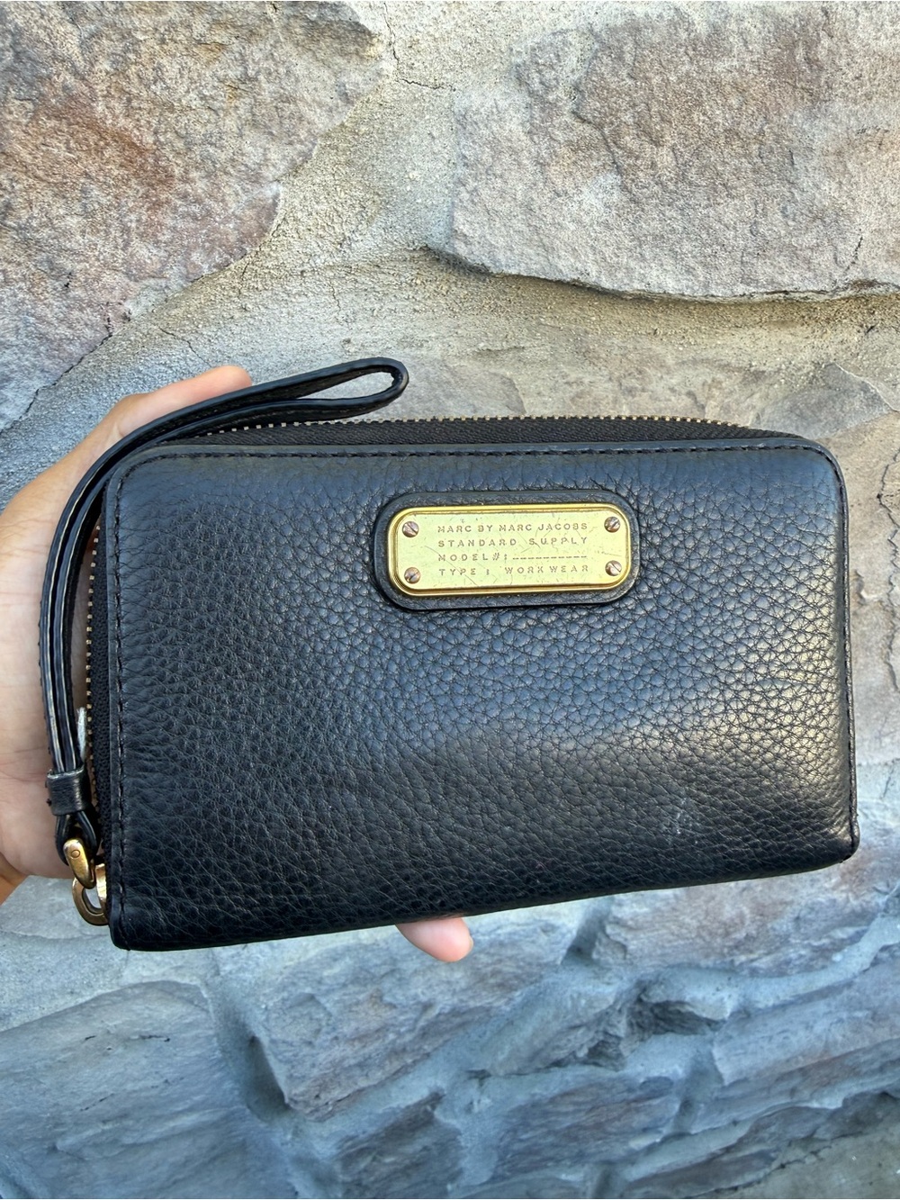 Marc by Marc Jacobs Black Pebbled Leather Zip Wristlet with Gold Plate